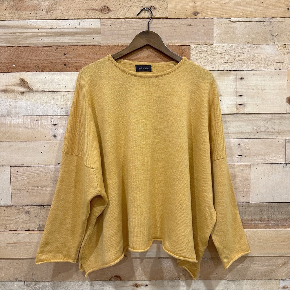Eskandar Yellow Sweater Lagenlook One Size 100% Merino Wool Rolled Hem